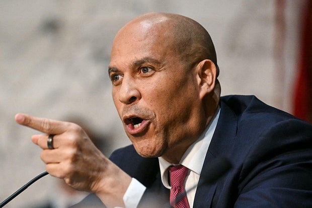 Sen. Cory Booker of New Jersey questions FBI Director Kash Patel during a Senate Judiciary Committee hearing on oversight of the FBI at the U.S. Capitol in Washington, D.C., on Sept. 16, 2025. 