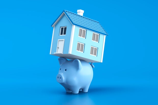 Piggy bank holding a house 