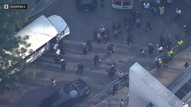 An aerial view of protesters being arrested by NYPD