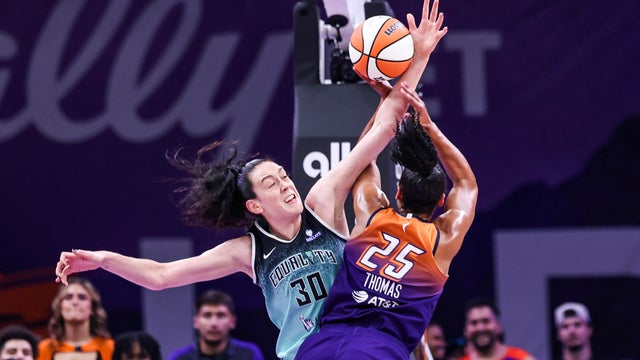 Breanna Stewart #30 of the New York Liberty fouls Alyssa Thomas #25 of the Phoenix Mercury during the first quarter during Game Three of the first round of the WNBA playoffs at PHX Arena on September 19, 2025 in Phoenix, Arizona. 