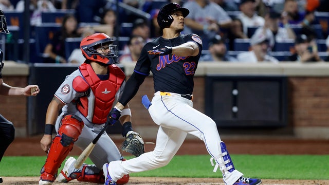 Juan Soto #22 of the New York Mets follows through on his fourth inning three run home run against the Washington Nationals at Citi Field on September 19, 2025 in New York City. 
