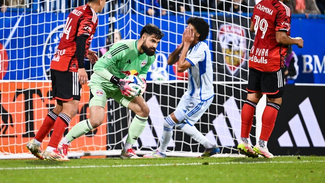 Goalkeeper Carlos Miguel Coronel #31 of New York Red Bulls makes a save during the MLS match between CF Montreal and New York Red Bulls at Saputo Stadium on September 20, 2025 in Montreal, Quebec, Canada. 