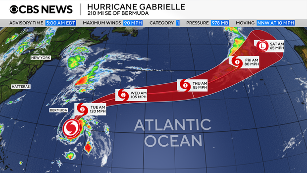 A map shows the potential path of Hurricane Gabrielle over the next several days. 