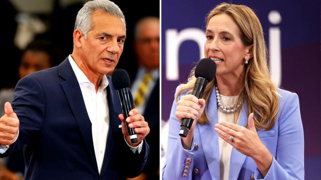 Side by side photos of Jack Ciattarelli and Mikie Sherrill during the debate 