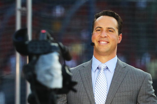 Former New York Yankees player Mark Teixeira does a broadcast before a game between the New York Yankees and the Boston Red Sox at Fenway Park on Aug. 5, 2018, in Boston, Massachusetts. 