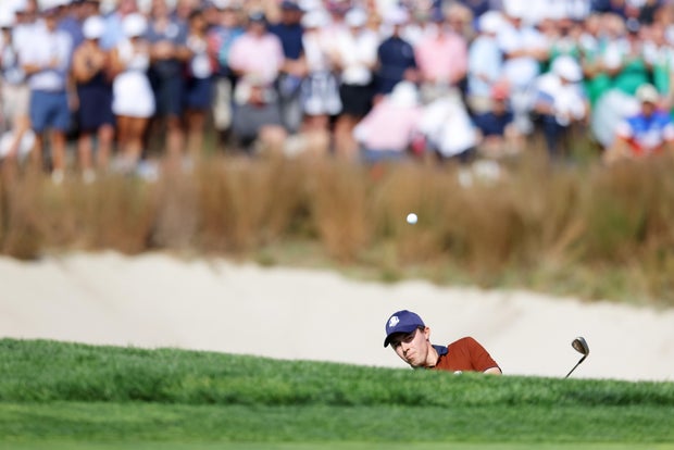 Matt Fitzpatrick of Team Europe plays his shot on the 16th hole during the Saturday morning foursomes matches of the 2025 Ryder Cup at Black Course at Bethpage State Park Golf Course on September 27, 2025 in Farmingdale, New York. 