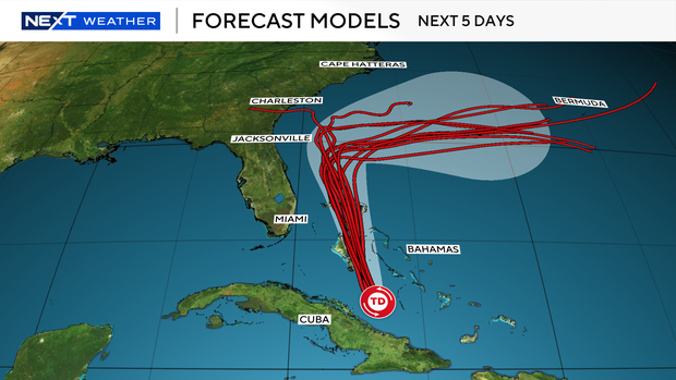 The latest spaghetti plot for Tropical Storm Imelda, showing model tracks converging on the U.S. Southeast coast.