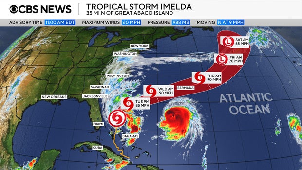 Map shows the forecast path for Tropical Storm Imelda 