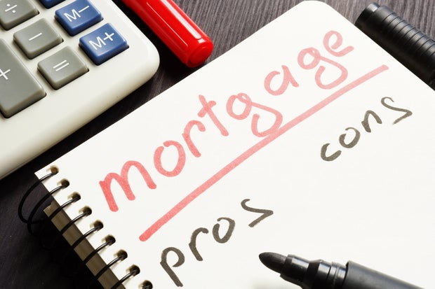 Mortgage pros and cons handwritten in a note. 