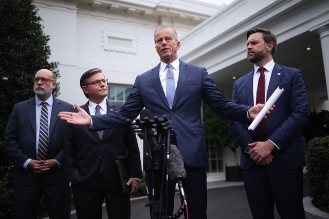 Senate Majority Leader John Thune delivers remarks following a meeting with Congressional Democrats and President Trump at the White House on Sept. 29, 2025 in Washington, D.C. 