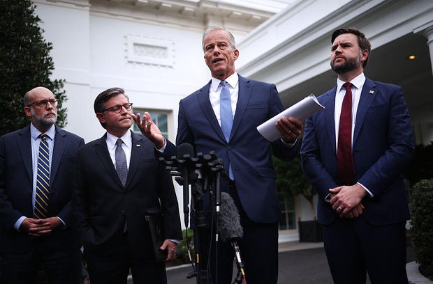 Senate Majority Leader John Thune of South Dakota speaks to reporters outside the White House in Washington, D.C., on Sept. 29, 2025, after a meeting with Congressional Democrats and President Trump. 