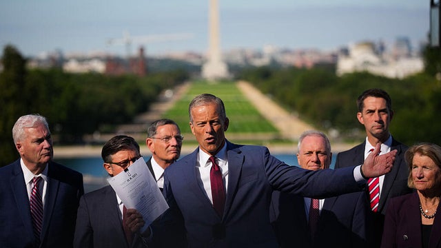 Senate Majority Leader John Thune of South Dakota leads a news conference with House Speaker Mike Johnson of Louisiana and GOP leadership on the Upper West Terrace of the U.S. Capitol in Washington, D.C., on Oct. 1, 2025. 