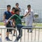 Migrant children play soccer inside the Homestead Temporary Shelter for Unaccompanied Children in Homestead, Florida, on April 19, 2019. 