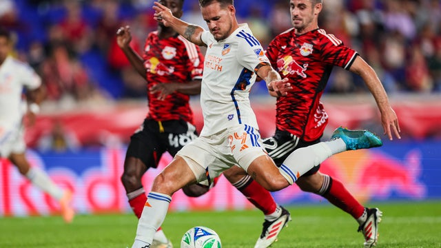 Lukas Engel #29 of FC Cincinnati strikes the ball during the second half against the New York Red Bulls at Red Bull Arena on October 04, 2025 in Harrison, New Jersey. 