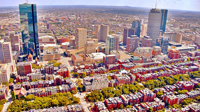 Aerial View of Financial and Business District. Marvelous Boston City from Above. 