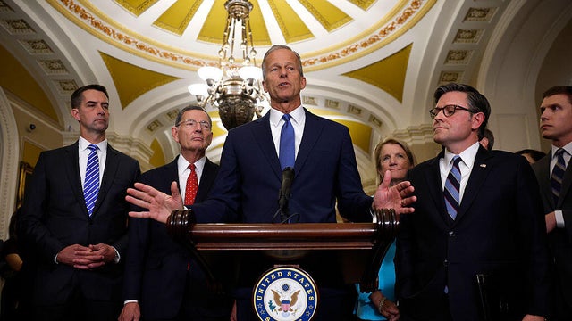 Senate Majority Leader John Thune of South Dakota speaks to the media alongside House Speaker Mike Johnson of Louisiana at the U.S. Capitol in Washington, D.C., on Oct. 7, 2025. 