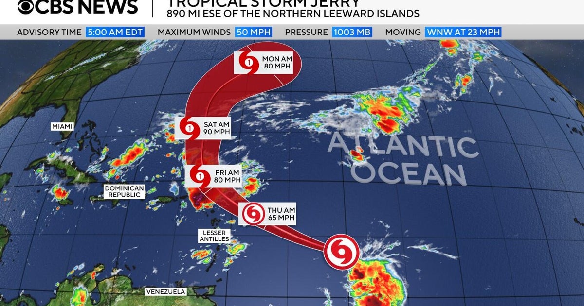 Tropical Storm Jerry, churning over central Atlantic, more likely to grow to be hurricane. Maps present its projected path.