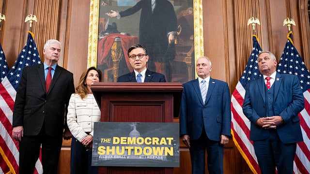House Speaker Mike Johnson of Louisiana and other GOP lawmakers participate in a news conference on the government shutdown at the U.S. Capitol in Washington, D.C., on Oct. 9, 2025. 
