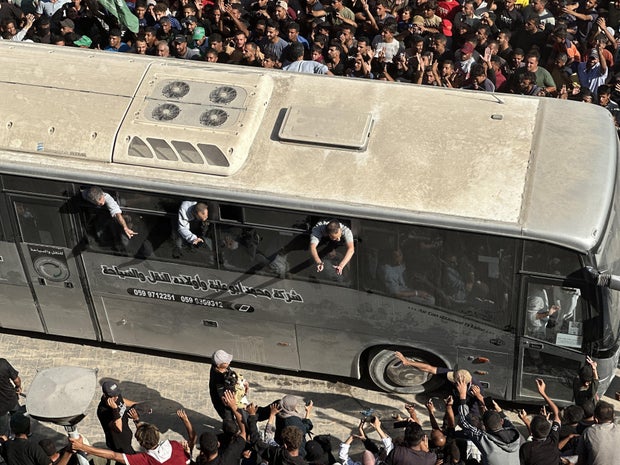 Palestinians released in prisoner-hostage exchange arrive in Khan Yunis 