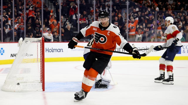 Sean Couturier #14 of the Philadelphia Flyers celebrates his goal during the second period against the Florida Panthers at Xfinity Mobile Arena on October 13 