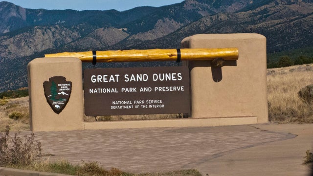 Colorado, Alamosa, Great Sand Dunes National Park and Preserve, Entrance Monument Sign 