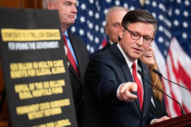 House Speaker Mike Johnson of Louisiana speaks during a House Republican news conference on the government shutdown at the U.S. Capitol in Washington, D.C., on Oct. 14, 2025. 