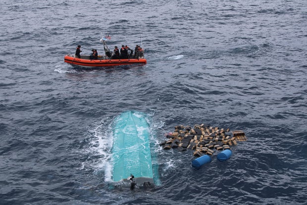 U.S. Coast Guard Cutter Seneca recovers bales of cocaine after drug smuggling interdiction 