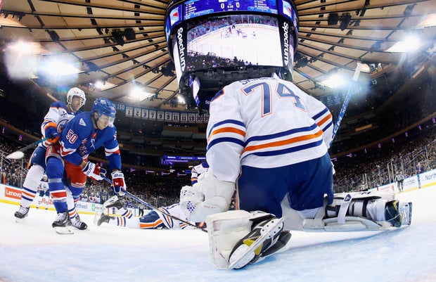 Stuart Skinner #74 of the Edmonton Oilers blocks the net against Will Cuylle #50 of the New York Rangers at Madison Square Garden on October 14, 2025 in New York City. The Oilers shutout the Rangers 2-0.