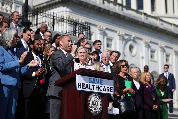 House Minority Leader Hakeem Jeffries of New York speaks at a news conference on the government shutdown outside the U.S. Capitol in Washington, D.C., on Oct. 15, 2025. 