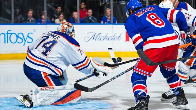 Stuart Skinner #74 of the Edmonton Oilers makes a save against the New York Rangers at Madison Square Garden on October 14, 2025 in New York City. 