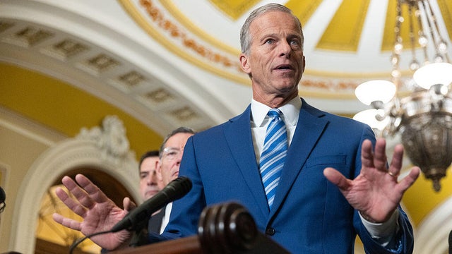Senate Majority Leader John Thune speaks at a press conference with other members of Senate Republican leadership following a policy luncheon at the U.S. Capitol in Washington, DC on October 15, 2025. 