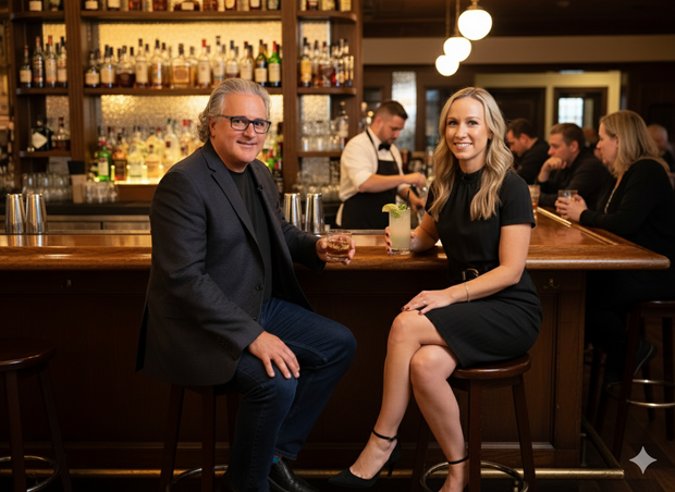 AI-generated image showing the same two people in a bar.