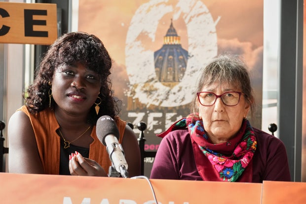 Janet Aguti, left, and Evelyn Korkmaz, from the global organization of abuse victims and activists, Ending Clergy Abuse, join a press conference after a meeting with Pope Leo XIV at the Vatican, in Rome, Oct. 20, 2025.