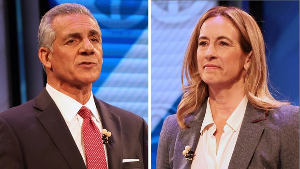Photos of Jack Ciattarelli and Mikie Sherrill from a debate 