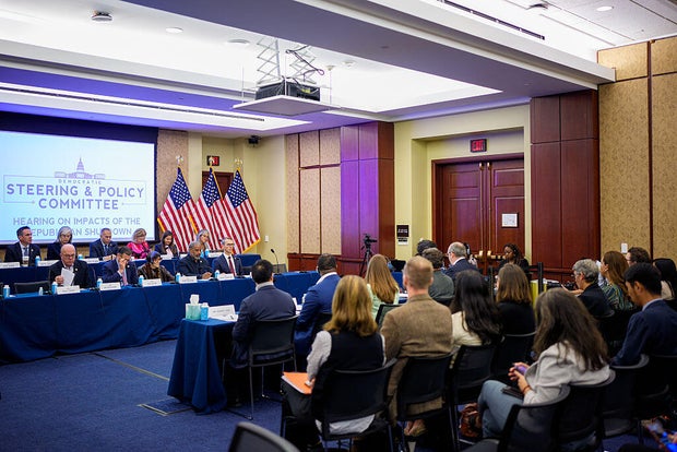 House Minority Leader Hakeem Jeffries of New York joins Democratic leadership at a Democratic Steering and Policy Committee hearing on the Republican shutdown at the U.S. Capitol on Oct. 22, 2025.