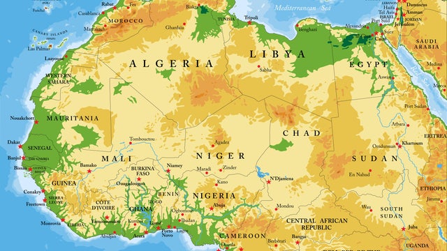 Northern and western Africa highly detailed physical map 