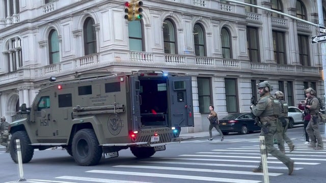 Military style truck and armed federal agents in Lower Manhattan 