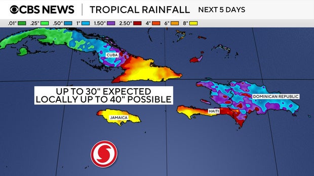 Map shows potential rainfall totals from Hurricane Melissa 
