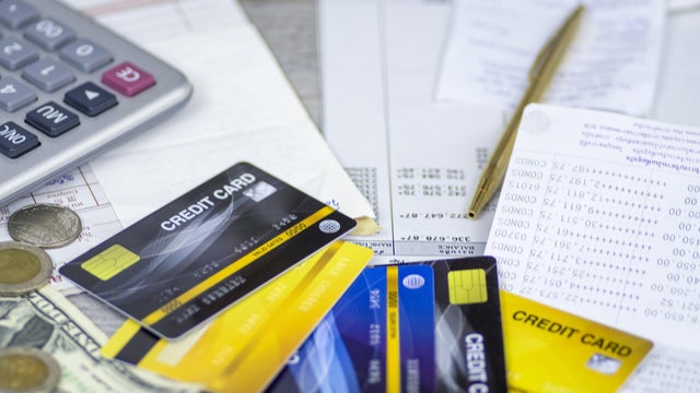 Six of credit card ,coin,calculator,invoice paper,bankbook for money management concept. 