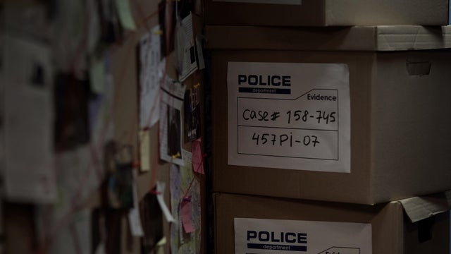 Boxes with evidential materials at police office, investigation process, case 