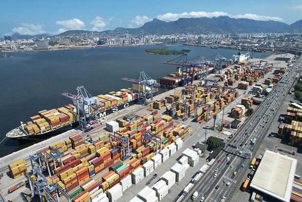 Containers sit at the port of Rio de Janeiro on Oct. 22, 2025.