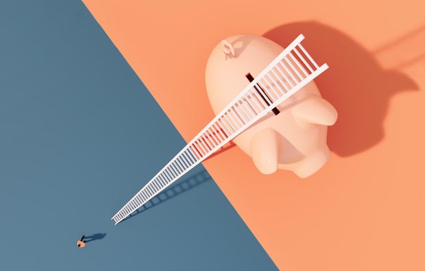 Person Waiting Before A White Ladder And Piggy Bank