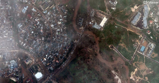 A satellite image of the Barnett River along Montego Bay in the aftermath of Hurricane Melissa in Jamaica 