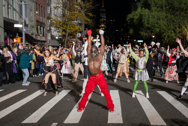 Dancers dressed up as zombies from the Thriller Dance troop perform at the 52nd Annual Halloween parade on October 31, 2025 in New York City.