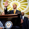 Senate Majority Leader John Thune of South Dakota speaks during a news conference at the U.S. Capitol in Washington, D.C., on Oct. 28, 2025. 