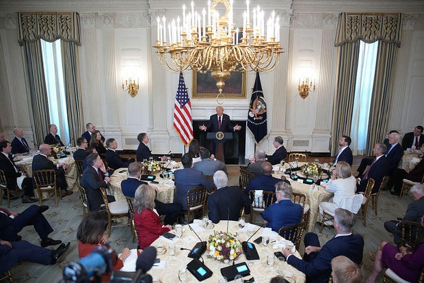 President Trump speaks with Senate Republicans during a breakfast in the State Dining Room of the White House in Washington, D.C., on Nov. 5, 2025.