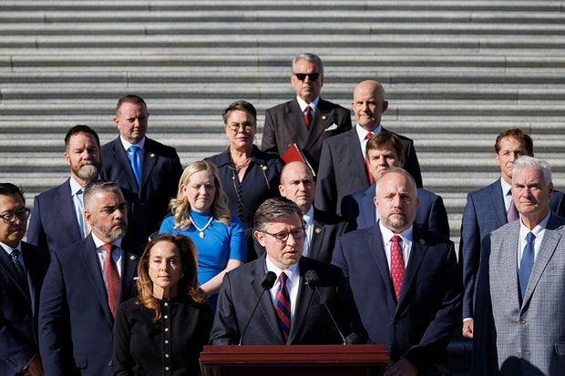House Speaker Mike Johnson of Louisiana speaks alongside fellow Republicans at a news conference on Capitol Hill in Washington, D.C., on Nov. 5, 2025.