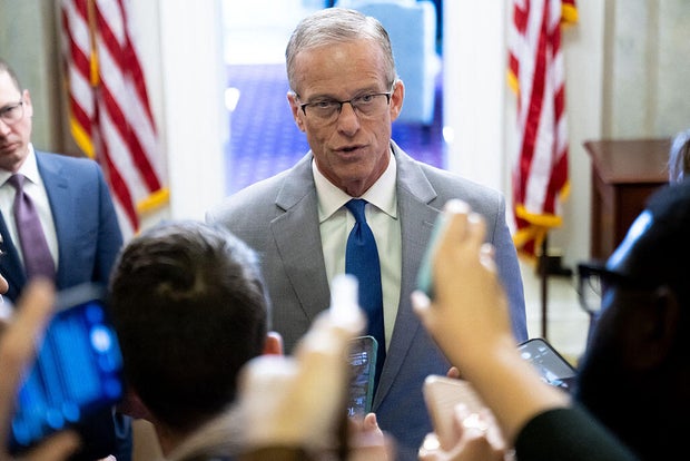 Senate Majority Leader John Thune of South Dakota speaks to reporters at the U.S. Capitol in Washington, D.C., on Nov. 6, 2025, during day 37 of the government shutdown.