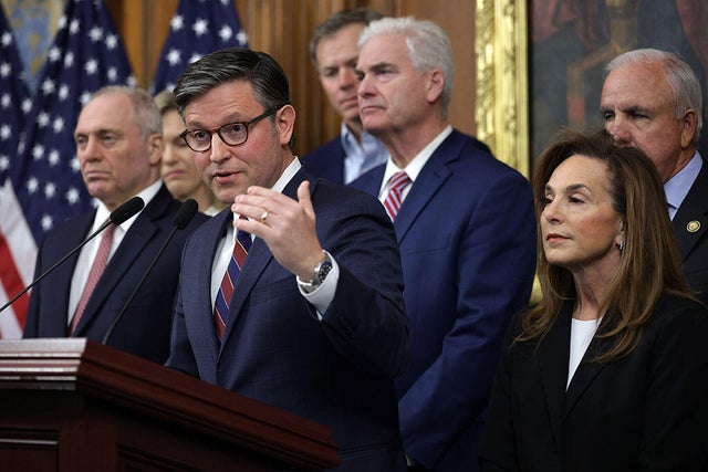 House Speaker Mike Johnson speaks during a news conference at the Capitol on Nov. 6, 2025. 