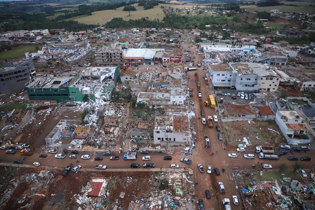 Aerial view of destroyed buildings after tornado hits Rio Bonito do Iguacu 